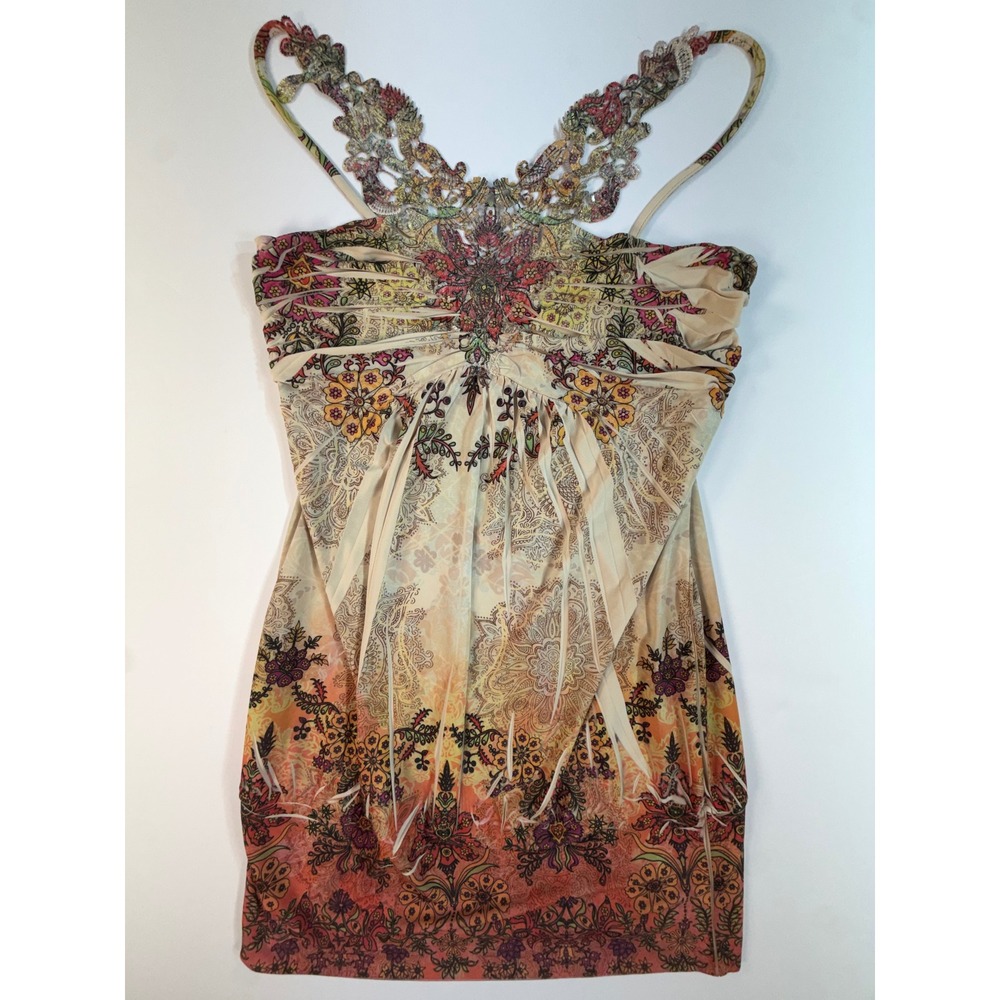 A'GACI Womens Boho Paisley Floral Lace Embellished Tank Top Medium T-11 USA Y2K